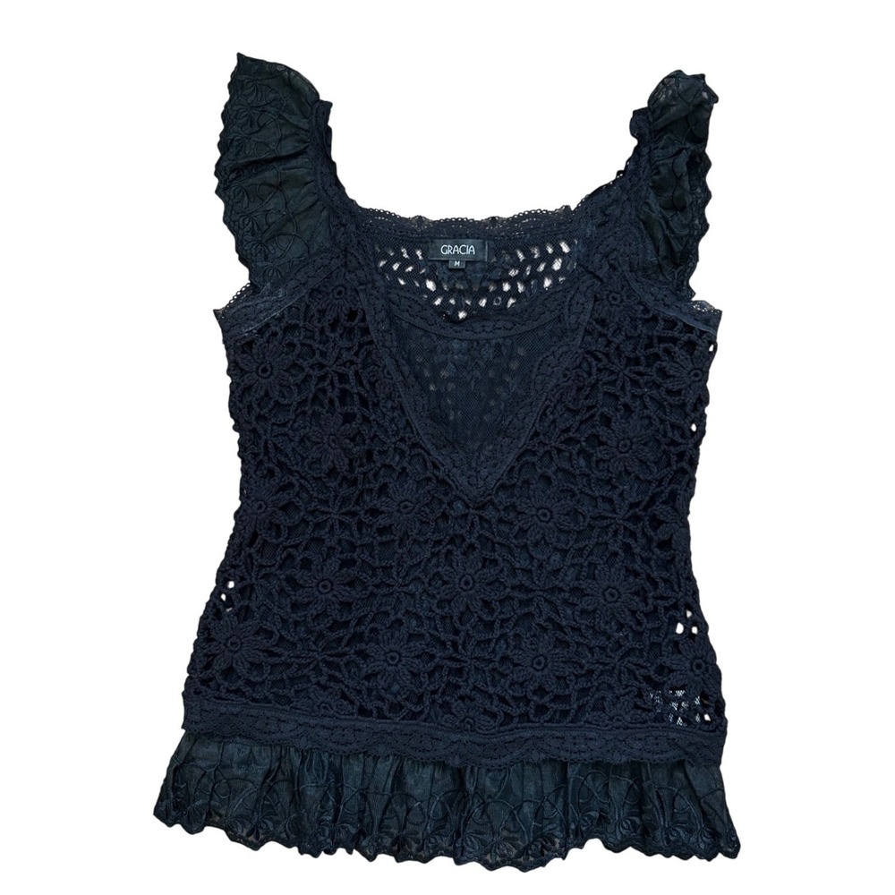 Black‎ Crochet Lace Ruffle Peplum Tank Top Medium Boho Festival Mesh Knit y2k